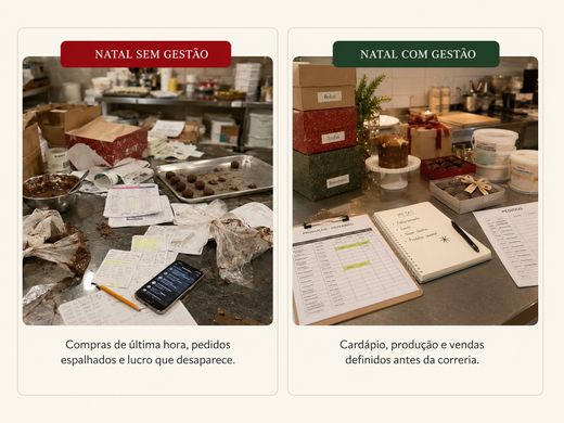 Comparativo: Natal sem gestão, com bancada desorganizada e pedidos espalhados, ao lado de Natal com gestão, com planner, metas e caixas de produtos organizadas